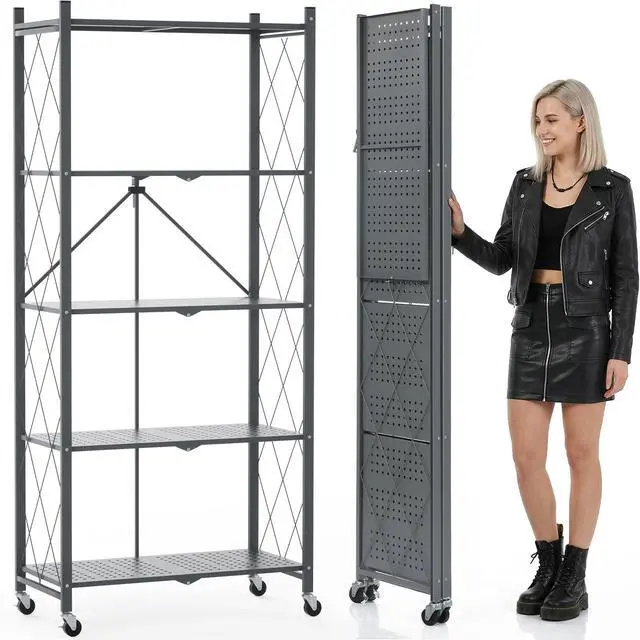Main image of 70.7" Tall Extra Large 5-Tier Folding Storage Shelf with Wheels, No Assembly Collapsible Metal Rack with Leveling Feet for Garage, Pantry, Basement, Vendor Display, Kitchen(Gray,1 Pack)