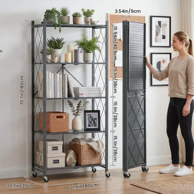 Alt view image 3 of 6 - 70.7" Tall Extra Large 5-Tier Folding Storage Shelf with Wheels, No Assembly Collapsible Metal Rack with Leveling Feet for Garage, Pantry, Basement, Vendor Display, Kitchen(Gray,1 Pack)