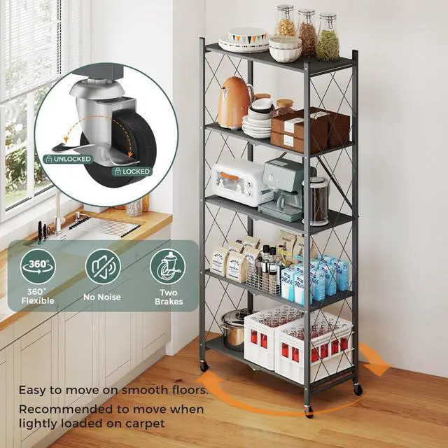 Alt view image 5 of 6 - 70.7" Tall Extra Large 5-Tier Folding Storage Shelf with Wheels, No Assembly Collapsible Metal Rack with Leveling Feet for Garage, Pantry, Basement, Vendor Display, Kitchen(Gray,1 Pack)