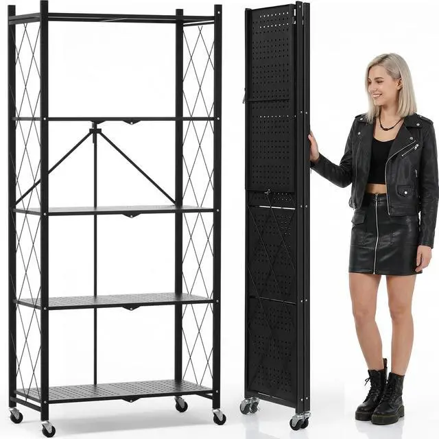 Main image of 70.7" Tall Extra Large 5-Tier Folding Storage Shelf with Wheels, No Assembly Collapsible Metal Rack with Leveling Feet for Garage, Pantry, Basement, Vendor Display, Kitchen(Black,1 Pack)