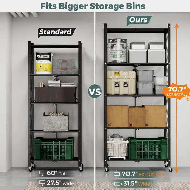 Alt view image 3 of 6 - 70.7" Tall Extra Large 5-Tier Folding Storage Shelf with Wheels, No Assembly Collapsible Metal Rack with Leveling Feet for Garage, Pantry, Basement, Vendor Display, Kitchen(Black,1 Pack)