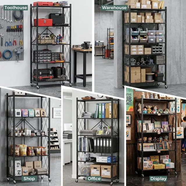 Alt view image 4 of 6 - 70.7" Tall Extra Large 5-Tier Folding Storage Shelf with Wheels, No Assembly Collapsible Metal Rack with Leveling Feet for Garage, Pantry, Basement, Vendor Display, Kitchen(Black,1 Pack)