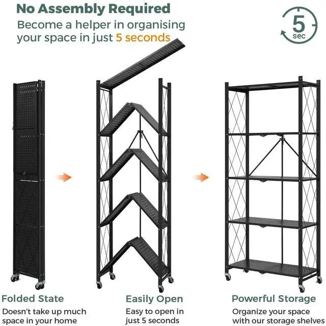 Alt view image 5 of 6 - 70.7" Tall Extra Large 5-Tier Folding Storage Shelf with Wheels, No Assembly Collapsible Metal Rack with Leveling Feet for Garage, Pantry, Basement, Vendor Display, Kitchen(Black,1 Pack)