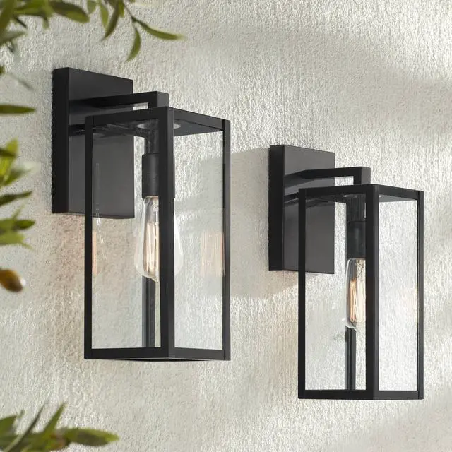 Main image of Titan Modern Industrial Outdoor Wall Lights Fixtures Set of 2 Mystic Black Metal Damp Rated 14" Clear Glass Exterior House Porch Patio Outside Deck Garage Yard Front Door Home
