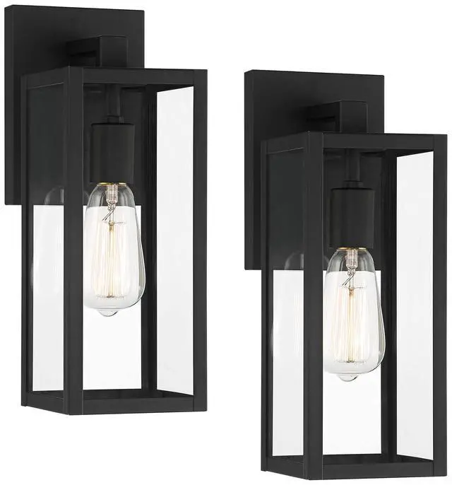 Alt view image 2 of 6 - Titan Modern Industrial Outdoor Wall Lights Fixtures Set of 2 Mystic Black Metal Damp Rated 14" Clear Glass Exterior House Porch Patio Outside Deck Garage Yard Front Door Home