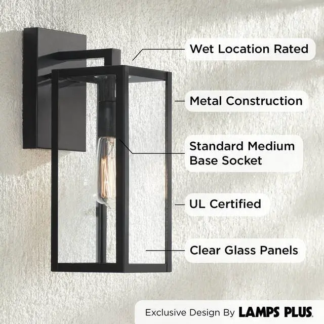 Alt view image 5 of 6 - Titan Modern Industrial Outdoor Wall Lights Fixtures Set of 2 Mystic Black Metal Damp Rated 14" Clear Glass Exterior House Porch Patio Outside Deck Garage Yard Front Door Home