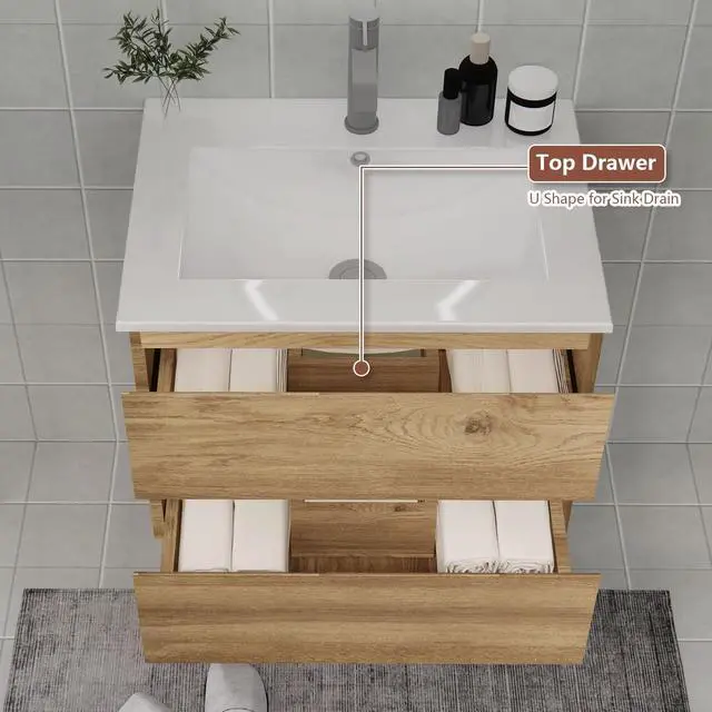 Alt view image 2 of 6 - Wall-Mounted Bathroom Vanity with 2 Soft-Close Drawers Moisture-Resistant MDF, Space-Saving Design for Modern Bathrooms (Nature Without Sink, 30)