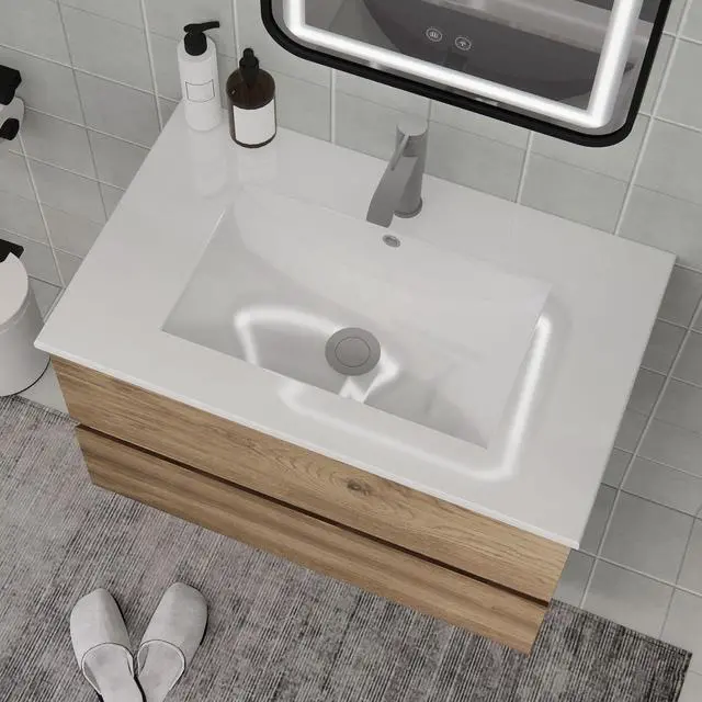 Alt view image 4 of 6 - Wall-Mounted Bathroom Vanity with 2 Soft-Close Drawers Moisture-Resistant MDF, Space-Saving Design for Modern Bathrooms (Nature Without Sink, 30)