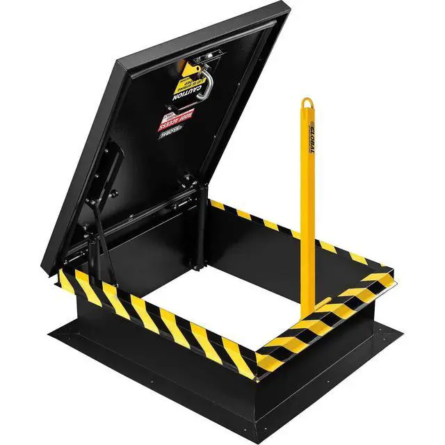 Alt view image 2 of 6 - Steel Ladder Safety Post with Pull-Loop Handle, Yellow Powder Coated, 63"H, Automatic Locking Safety Bracket, For Easy Ingress and Egress Points