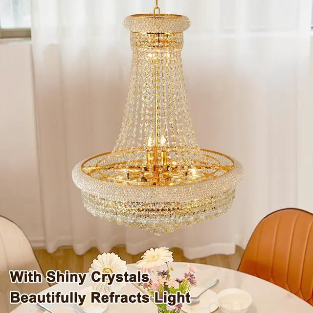 Alt view image 2 of 6 - 24'' Gold Crystal Chandelier Lighting, 13-Light Modern Gold French Empire Foyer Chandelier, Crystal Raindrop Hanging Pendant Light Fixture for Dining Living Room Bedroom Kitchen Shop