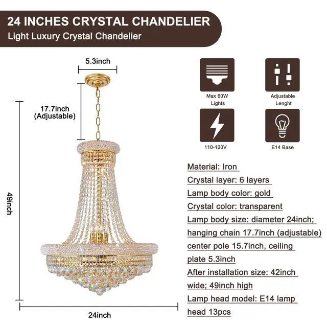 Alt view image 4 of 6 - 24'' Gold Crystal Chandelier Lighting, 13-Light Modern Gold French Empire Foyer Chandelier, Crystal Raindrop Hanging Pendant Light Fixture for Dining Living Room Bedroom Kitchen Shop