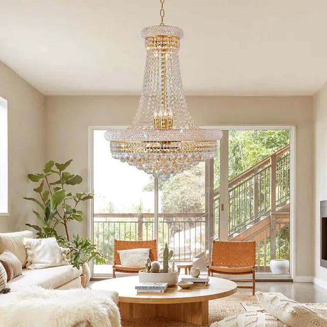 Alt view image 6 of 6 - 24'' Gold Crystal Chandelier Lighting, 13-Light Modern Gold French Empire Foyer Chandelier, Crystal Raindrop Hanging Pendant Light Fixture for Dining Living Room Bedroom Kitchen Shop