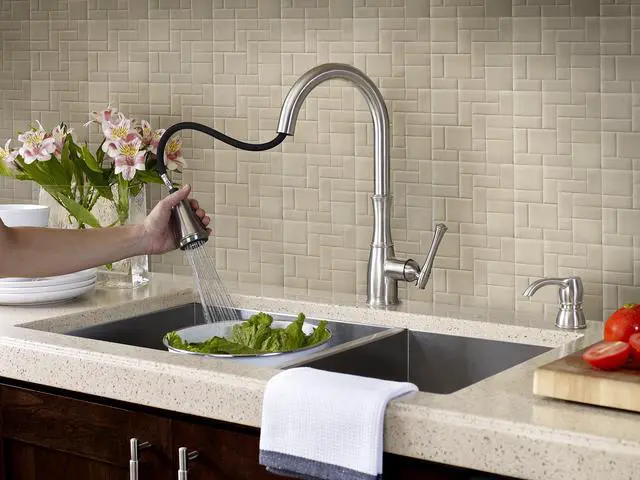 Alt view image 5 of 6 - Wheaton Kitchen Faucet with Pull Down Sprayer and Soap Dispenser, Single Handle, High Arc, Stainless Steel Finish, GT529WH1S