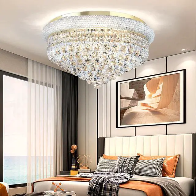 Alt view image 2 of 6 - 24'' Gold Crystal Round Chandelier Flush Mount LED Ceiling Light with 3 Dimmble Lighting Fixture for Dining Living Room Bedroom Kitchen Foyer Hallway