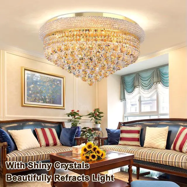 Alt view image 3 of 6 - 24'' Gold Crystal Round Chandelier Flush Mount LED Ceiling Light with 3 Dimmble Lighting Fixture for Dining Living Room Bedroom Kitchen Foyer Hallway