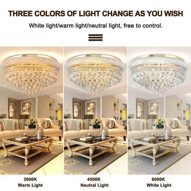 Alt view image 5 of 6 - 24'' Gold Crystal Round Chandelier Flush Mount LED Ceiling Light with 3 Dimmble Lighting Fixture for Dining Living Room Bedroom Kitchen Foyer Hallway