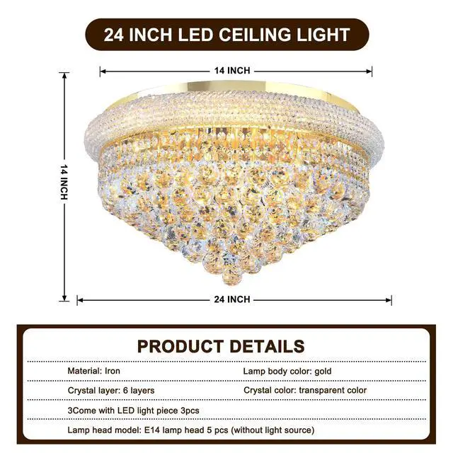 Alt view image 6 of 6 - 24'' Gold Crystal Round Chandelier Flush Mount LED Ceiling Light with 3 Dimmble Lighting Fixture for Dining Living Room Bedroom Kitchen Foyer Hallway