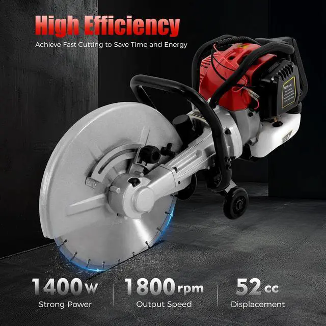 Alt view image 2 of 6 - 16In Gas Concrete Saw,1400w Concrete Gas Powered Cut-Off Saw with Blade and Directional Wheel, 2-Stroke 52cc Engine Cement Masonry Wet Dry Machine,4" Cut Depth,Motor Circular Cutter For Stone, Brick