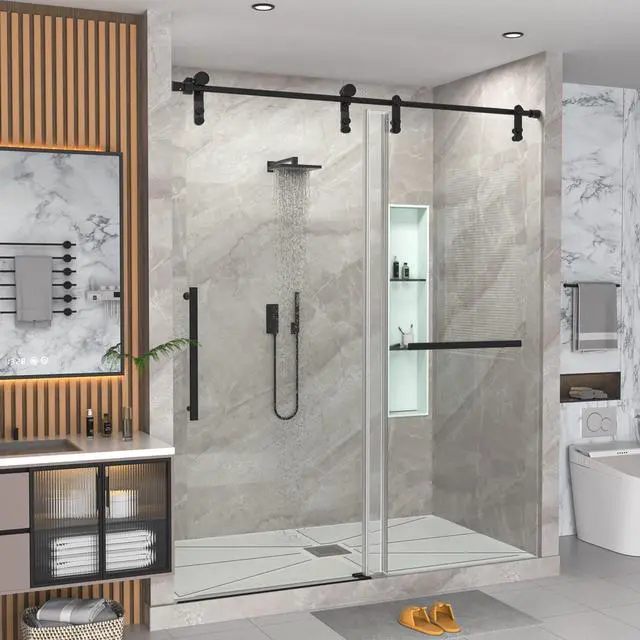 Main image of 56-60" W x 76" H Frameless Shower Door, Sliding Shower Door with 5/16" (8mm) Clear SGCC Tempered Glass Stainless Steel Hardware Waterproof Seal Explosion-Proof Film, Glass Shower Door