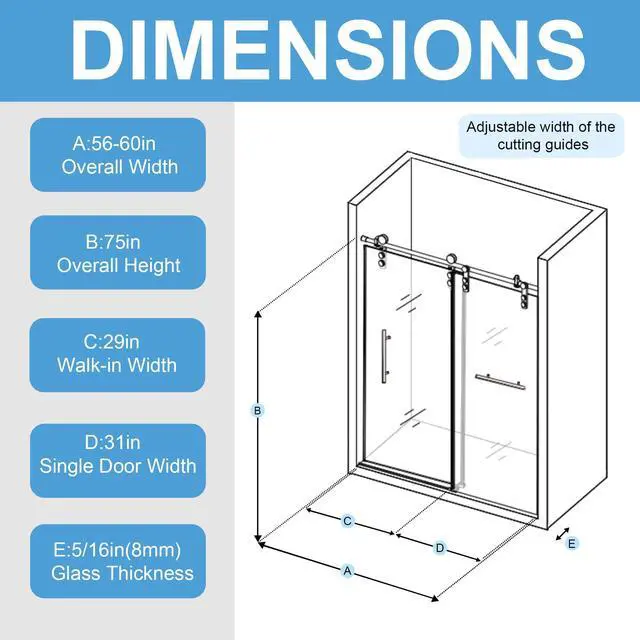 Alt view image 2 of 6 - 56-60" W x 76" H Frameless Shower Door, Sliding Shower Door with 5/16" (8mm) Clear SGCC Tempered Glass Stainless Steel Hardware Waterproof Seal Explosion-Proof Film, Glass Shower Door