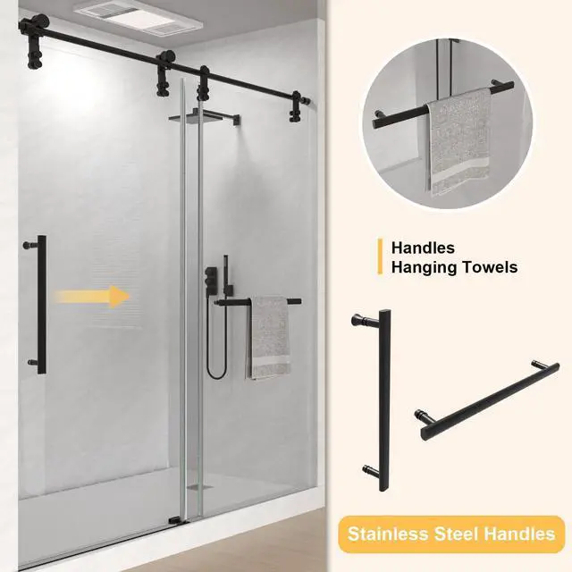 Alt view image 6 of 6 - 56-60" W x 76" H Frameless Shower Door, Sliding Shower Door with 5/16" (8mm) Clear SGCC Tempered Glass Stainless Steel Hardware Waterproof Seal Explosion-Proof Film, Glass Shower Door