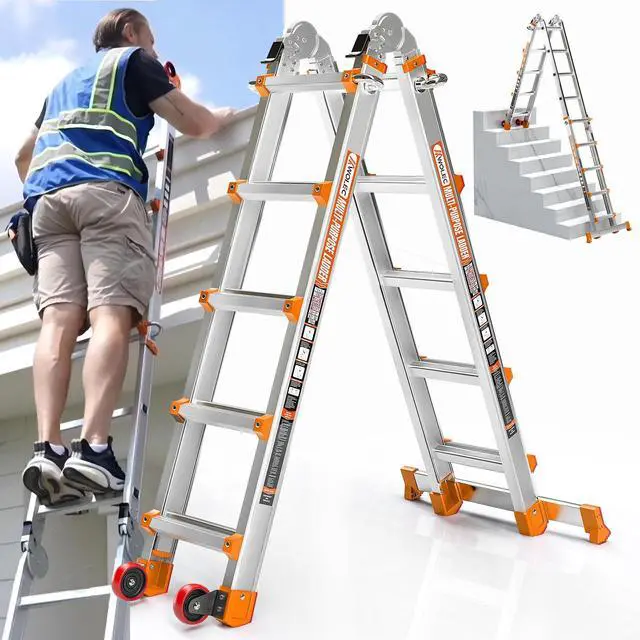 Main image of 17FT A Frame Extension Ladder, Aluminum Alloy 5-Step Ladder with Stabilizer Bar & Rolling Wheels, 330 LBS Heavy Duty, Multi-Use Ladder for Stairs Home Roof Indoor Outdoor Projects (Orange)