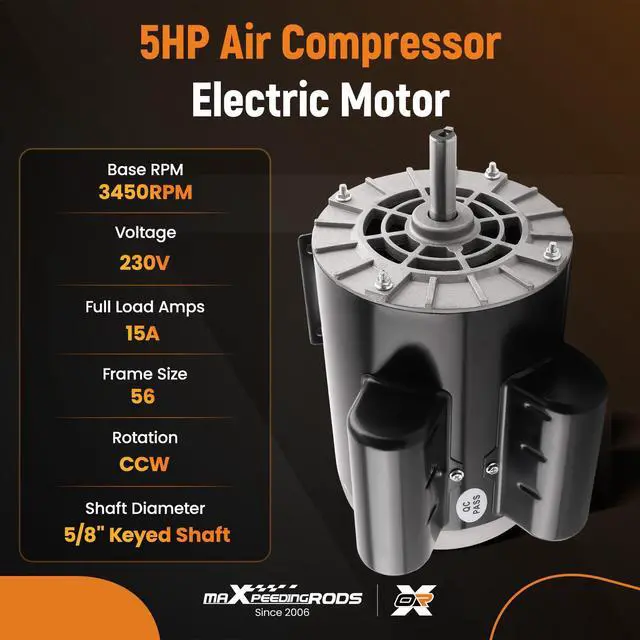 Alt view image 4 of 6 - 5HP SPL Air Compressor Electric Motor, 56 Frame 3450RPM, 230V 15.0Amps Voltage, 5/8" Keyed Shaft, CCW Rotation, 1.88" Shaft Length for Air Compressors