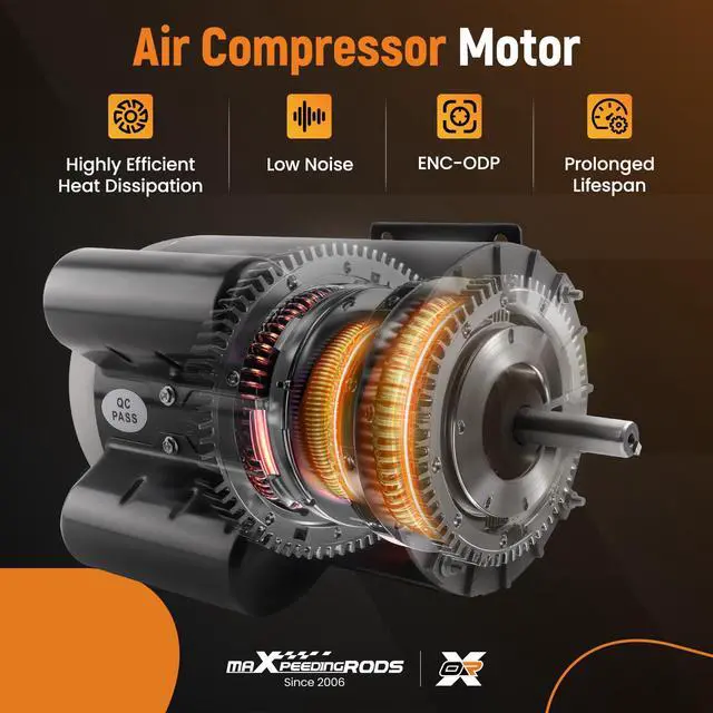 Alt view image 6 of 6 - 5HP SPL Air Compressor Electric Motor, 56 Frame 3450RPM, 230V 15.0Amps Voltage, 5/8" Keyed Shaft, CCW Rotation, 1.88" Shaft Length for Air Compressors