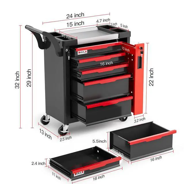 Alt view image 3 of 6 - 5-Drawer Tool Chest with Wheels, Rolling Tool Chest with Side Drawer,Tool Cabinet Drawers lockable,Tool Cart with Top compartment,for Garage Storage,Workshop,Home,Safety Rounded Corner Anti-collision