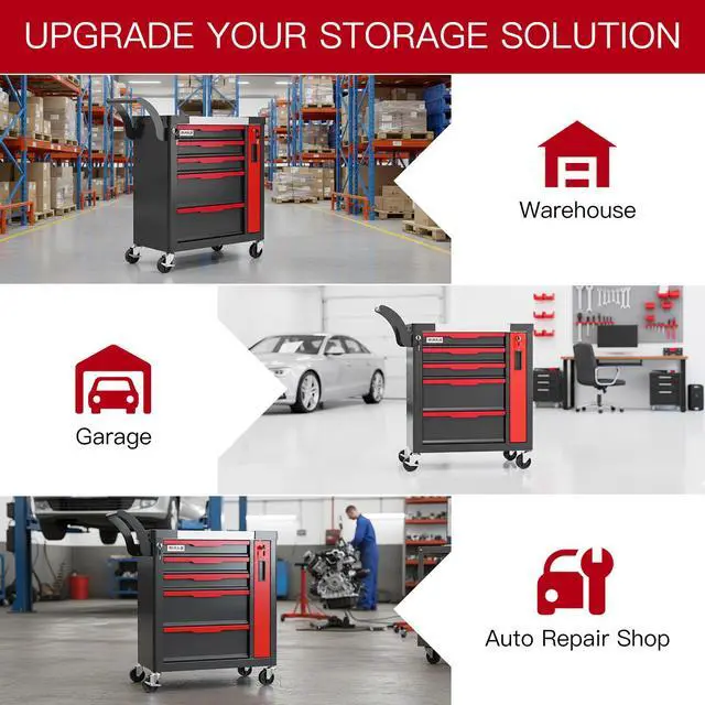 Alt view image 6 of 6 - 5-Drawer Tool Chest with Wheels, Rolling Tool Chest with Side Drawer,Tool Cabinet Drawers lockable,Tool Cart with Top compartment,for Garage Storage,Workshop,Home,Safety Rounded Corner Anti-collision