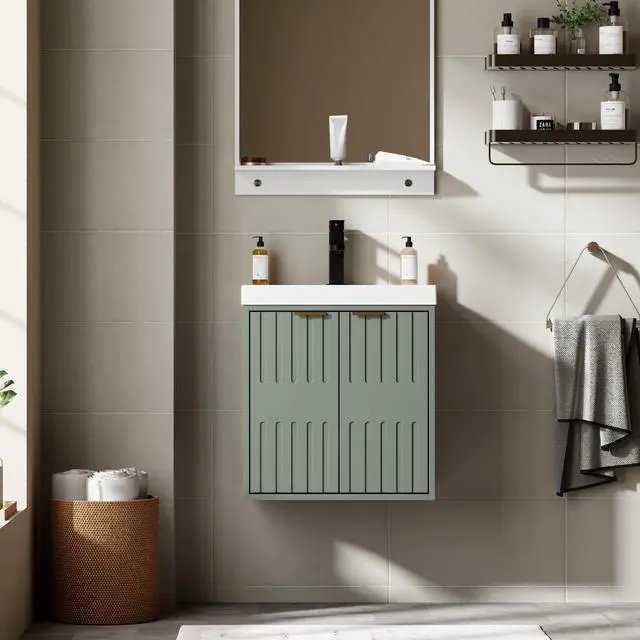 Main image of 20" Floating Bathroom Vanity Sink Combo, Modern Wall Mounted Bathroom Cabinet with Resin Sink Top, Soft-Close Painted Door, Metal Handles, Matte Black Faucet for Small Space, Gray Green