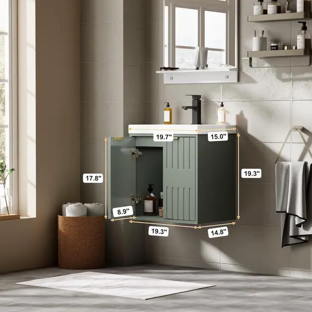 Alt view image 2 of 6 - 20" Floating Bathroom Vanity Sink Combo, Modern Wall Mounted Bathroom Cabinet with Resin Sink Top, Soft-Close Painted Door, Metal Handles, Matte Black Faucet for Small Space, Gray Green