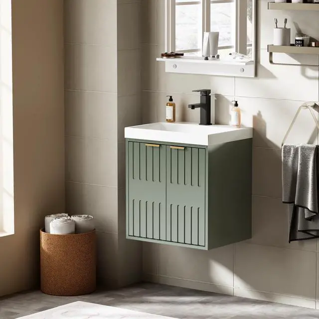 Alt view image 3 of 6 - 20" Floating Bathroom Vanity Sink Combo, Modern Wall Mounted Bathroom Cabinet with Resin Sink Top, Soft-Close Painted Door, Metal Handles, Matte Black Faucet for Small Space, Gray Green