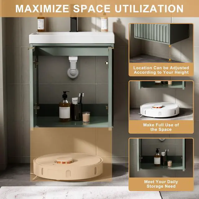 Alt view image 4 of 6 - 20" Floating Bathroom Vanity Sink Combo, Modern Wall Mounted Bathroom Cabinet with Resin Sink Top, Soft-Close Painted Door, Metal Handles, Matte Black Faucet for Small Space, Gray Green