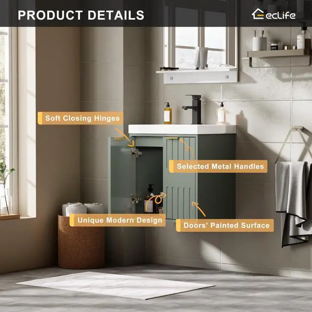 Alt view image 5 of 6 - 20" Floating Bathroom Vanity Sink Combo, Modern Wall Mounted Bathroom Cabinet with Resin Sink Top, Soft-Close Painted Door, Metal Handles, Matte Black Faucet for Small Space, Gray Green