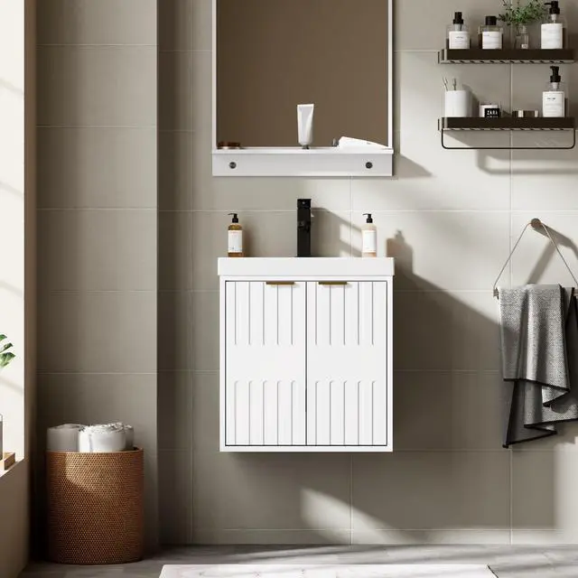 Main image of 20" Floating Bathroom Vanity Sink Combo, Modern Wall Mounted Bathroom Cabinet with Resin Sink Top, Soft-Close Painted Door, Metal Handles, Matte Black Faucet for Small Space, White
