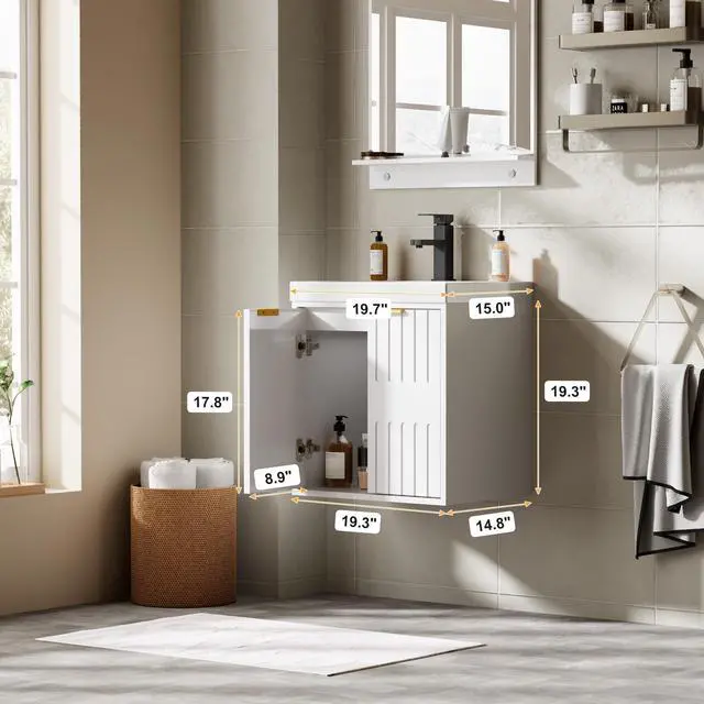 Alt view image 2 of 6 - 20" Floating Bathroom Vanity Sink Combo, Modern Wall Mounted Bathroom Cabinet with Resin Sink Top, Soft-Close Painted Door, Metal Handles, Matte Black Faucet for Small Space, White