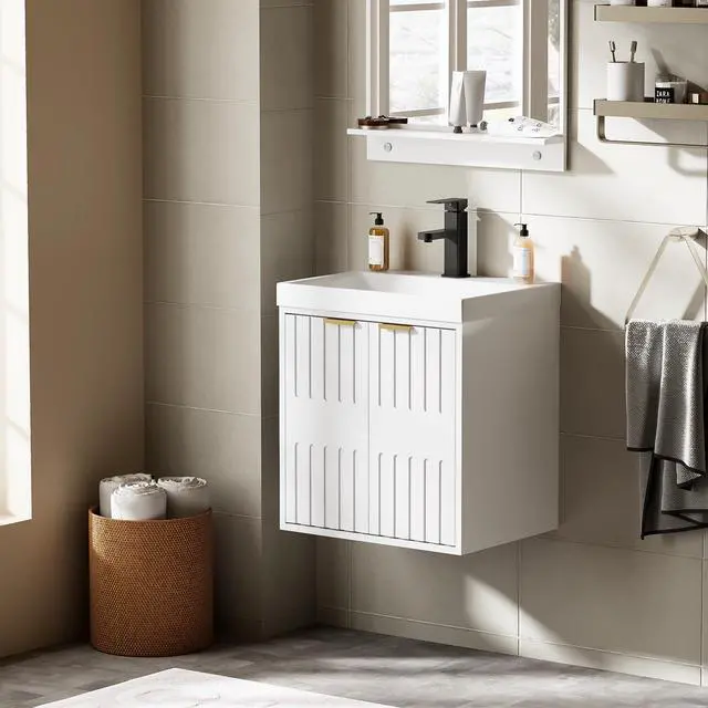 Alt view image 3 of 6 - 20" Floating Bathroom Vanity Sink Combo, Modern Wall Mounted Bathroom Cabinet with Resin Sink Top, Soft-Close Painted Door, Metal Handles, Matte Black Faucet for Small Space, White