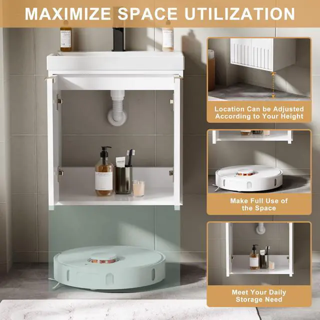 Alt view image 4 of 6 - 20" Floating Bathroom Vanity Sink Combo, Modern Wall Mounted Bathroom Cabinet with Resin Sink Top, Soft-Close Painted Door, Metal Handles, Matte Black Faucet for Small Space, White