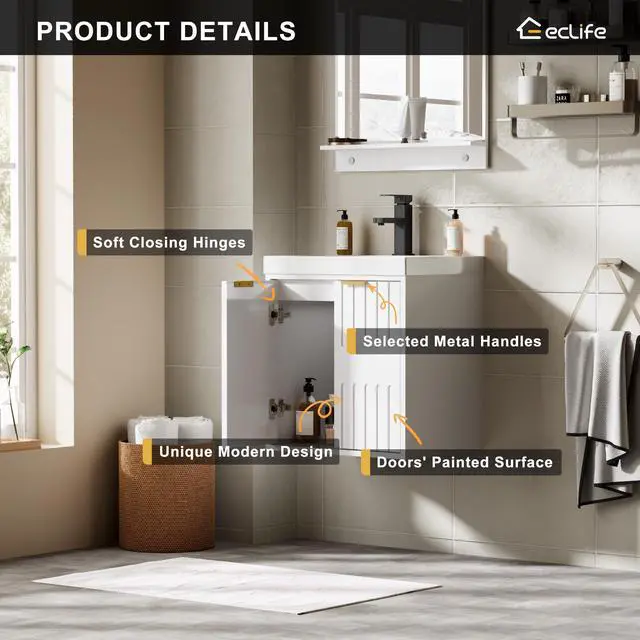Alt view image 5 of 6 - 20" Floating Bathroom Vanity Sink Combo, Modern Wall Mounted Bathroom Cabinet with Resin Sink Top, Soft-Close Painted Door, Metal Handles, Matte Black Faucet for Small Space, White