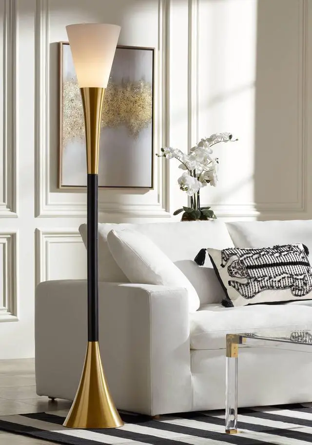 Main image of Piazza Mid Century Modern Glam Style Torchiere Floor Lamp 72.5" Tall Black Antique Brass Metal White Glass Shade for Living Room Reading House Bedroom Home Office