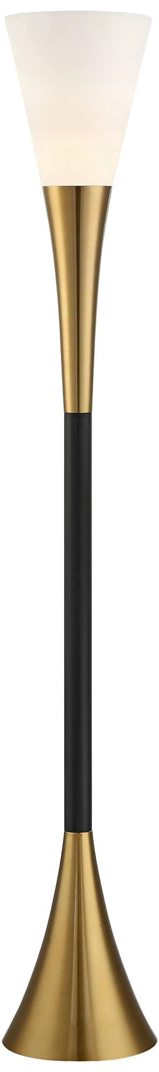 Alt view image 2 of 6 - Piazza Mid Century Modern Glam Style Torchiere Floor Lamp 72.5" Tall Black Antique Brass Metal White Glass Shade for Living Room Reading House Bedroom Home Office