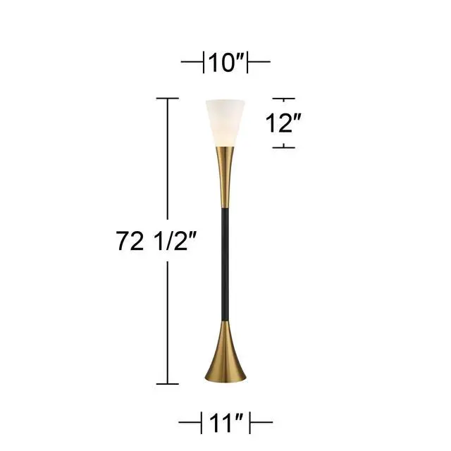 Alt view image 4 of 6 - Piazza Mid Century Modern Glam Style Torchiere Floor Lamp 72.5" Tall Black Antique Brass Metal White Glass Shade for Living Room Reading House Bedroom Home Office