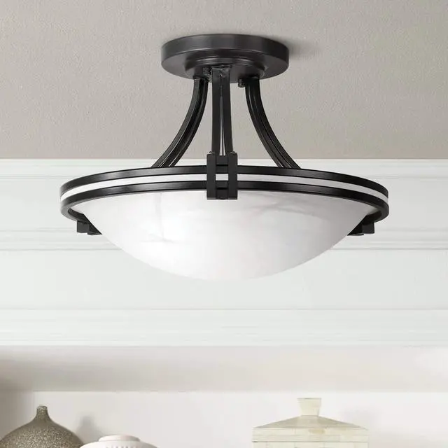 Alt view image 2 of 6 - Deco Modern Close to Ceiling Light Semi Flush Mount Fixture 16" Wide Oil Rubbed Bronze Brown Marbleized Glass Bowl Shade Bedroom Hallway Living Room Dining Room Bathroom Kitchen