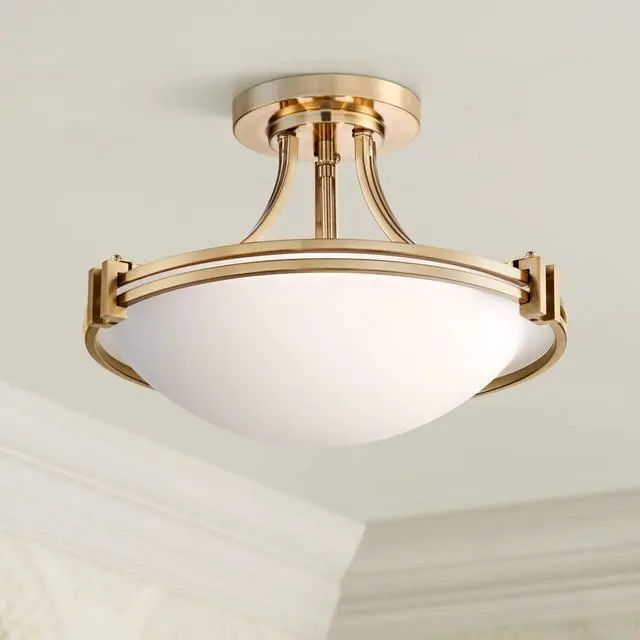 Main image of Deco Mid Century Modern Close to Ceiling Light Semi Flush Mount Fixture 16" Wide Warm Brass Gold White Glass Bowl Shade Bedroom Hallway Living Room Dining Room Bathroom Kitchen