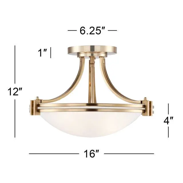 Alt view image 4 of 6 - Deco Mid Century Modern Close to Ceiling Light Semi Flush Mount Fixture 16" Wide Warm Brass Gold White Glass Bowl Shade Bedroom Hallway Living Room Dining Room Bathroom Kitchen