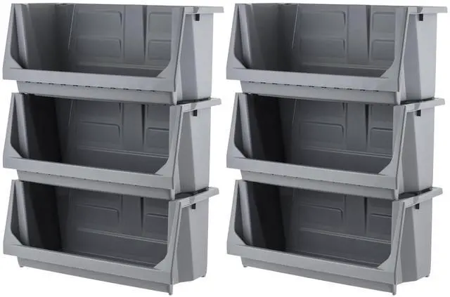 Main image of 6 Pack Open Front Storage Bins, Jumbo Heavy Duty Stackable Garage Storage Bins with Handles, Interlocking Design, Dark Gray