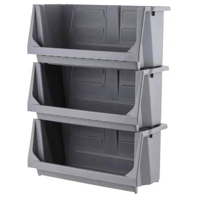 Alt view image 2 of 6 - 6 Pack Open Front Storage Bins, Jumbo Heavy Duty Stackable Garage Storage Bins with Handles, Interlocking Design, Dark Gray