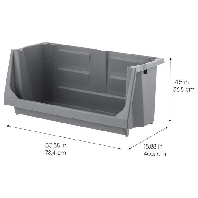 Alt view image 3 of 6 - 6 Pack Open Front Storage Bins, Jumbo Heavy Duty Stackable Garage Storage Bins with Handles, Interlocking Design, Dark Gray