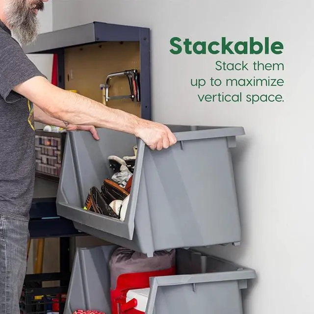 Alt view image 5 of 6 - 6 Pack Open Front Storage Bins, Jumbo Heavy Duty Stackable Garage Storage Bins with Handles, Interlocking Design, Dark Gray